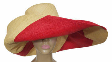 Yamina: Authentic African Hand Made Red & Natural Swirl Madagascar Big Brim Raffia Sun Hat