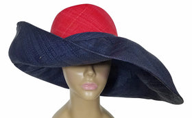 Zainabu: Authentic African Hand Made Red & Blue Madagascar Big Brim Raffia Sun Hat