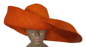 Walidah: Authentic African Hand Made Orange Madagascar Big Brim Raffia Sun HatA