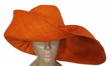 Walidah: Authentic African Hand Made Orange Madagascar Big Brim Raffia Sun HatA