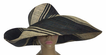 Efua: Authentic African Hand Made Black and Natural Madagascar Big Brim Raffia Sun Hat