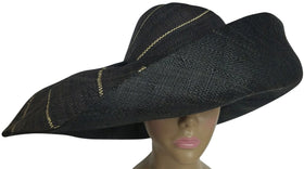 Eshe: Authentic African Hand Made Black and Natural Madagascar Big Brim Raffia Sun Hat