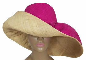 Bayo: Authentic African Hand Woven Fuchsia & Natural Madagascar Big Brim Raffia Sun Hat