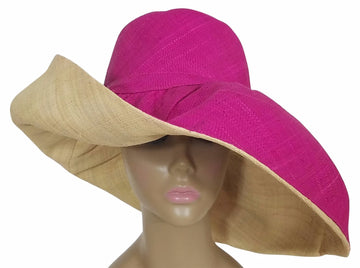 Bayo: Authentic African Hand Woven Fuchsia & Natural Madagascar Big Brim Raffia Sun Hat