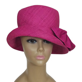 Alvita: Authentic African Hand Woven Fuchsia Madagascar Bell Shaped Raffia Hat with Bow