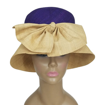 Ionie: Authentic African Hand Woven Purple and Natural Madagascar Bell Shaped Raffia Hat with Bow