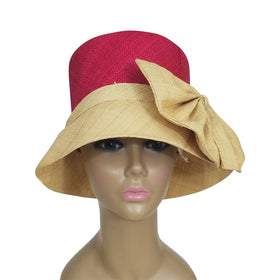 Dellyse: Authentic African Hand Woven Fuchsia and Natural Madagascar Bell Shaped Raffia Hat with Bow