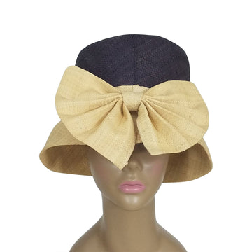 Amancia: Authentic African Hand Woven Black and Natural Madagascar Bell Shaped Raffia Hat with Bow