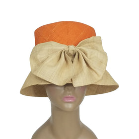 Cedella: Authentic African Hand Woven Orange and Natural Madagascar Bell Shaped Raffia Hat with Bow