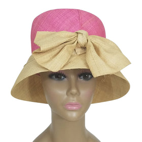 Azacca: Authentic African Hand Woven Pink and Natural Madagascar Bell Shaped Raffia Hat with Bow