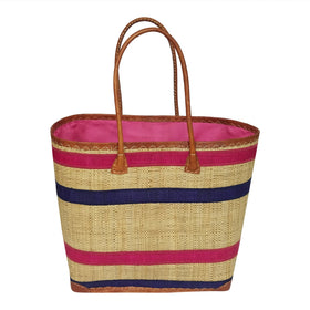 Diavolana: Authentic Hand Woven Fuchsia & Blue Madagascar Raffia Betsi Tote Bag