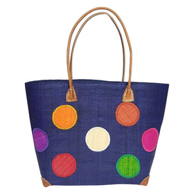 Tatianah: Authentic Hand Woven Madagascar Blue Polka Dot Raffia Tote Bag