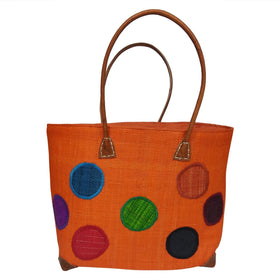 Prisca: Authentic Hand Woven Madagascar Orange Polka Dot Raffia Tote Bag