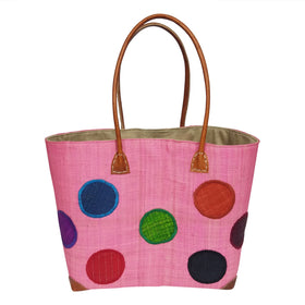 Irina: Authentic Hand Woven Pink Madagascar Raffia Polka Dot Tote Bag