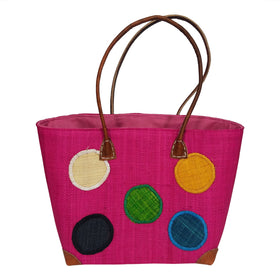 Hanta: Authentic Hand Woven Madagascar Raffia Fuchsia Polka Dot Tote Bag