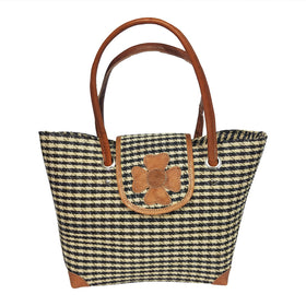 Johna: Authentic Hand Woven Checkered (Black and Natural) Madagascar Raffia Hand Bag