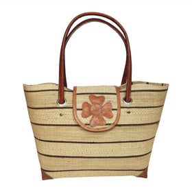 Rina: Authentic Hand Woven Beige & Brown Madagascar Raffia Voninkazo Hand Bag