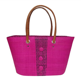 Nomena: Authentic Handmade Fuchsia and Black Madagascar Raffia Buttons Hand Bag