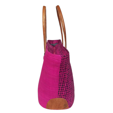 Nomena: Authentic Handmade Fuchsia and Black Madagascar Raffia Buttons Hand Bag