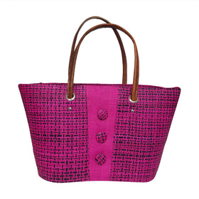 Mia: Authentic Handmade Fuchsia and Black Madagascar Raffia Buttons Hand Bag