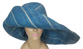 Chinue: Authentic African Hand Woven Blue Madagascar Big Brim Raffia Sun Hat