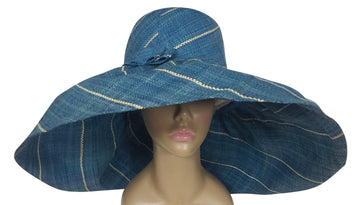 Chinue: Authentic African Hand Woven Blue Madagascar Big Brim Raffia Sun Hats