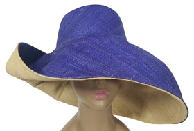 Dofi: Authentic African Hand Woven Blue and Natural Madagascar Big Brim Raffia Sun Hat