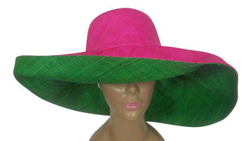 Adjoa: Authentic African Handwoven Pink and Green Madagascar Big Brim Raffia Sun Hat