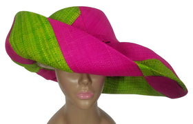 Arjana: Authentic African Handwoven Pink and Green Swirl Madagascar Big Brim Raffia Sun Hat