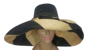 Ashanti: Authentic African Handwoven Black and Natural Swirl Madagascar Big Brim Raffia Sun Hat