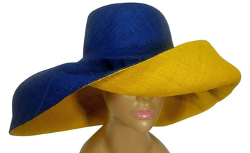 Adede: Authentic African Handwoven Blue and Gold Madagascar Big Brim Raffia Sun Hat