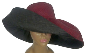 Ama: Authentic African Handwoven Burgundy and Black Madagascar Big Brim Raffia Sun Hat