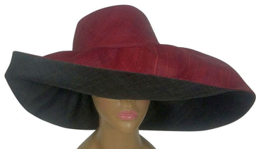 Ama: Authentic African Handwoven Burgundy and Black Madagascar Big Brim Raffia Sun Hat