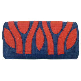 Authentic Handwoven Denim Blue Madagascar Raffia Clutch with Red-Orange Accents