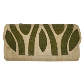 Authentic Handwoven Natural Madagascar Raffia Clutch with Olive Green Accents