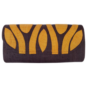 Authentic Handwoven Raisin Madagascar Raffia Clutch with Orange Accents