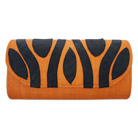 Authentic Handwoven Orange Madagascar Raffia Clutch with Black Accents