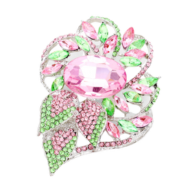 Alpha Kappa Alpha Pink & Green Crystal Glass Brooch (Silver Tone)