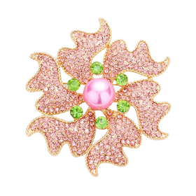 Alpha Kappa Alpha Inspired Pink and Green Flower Pave Rhinestone Brooch with Pink Faux Pearl