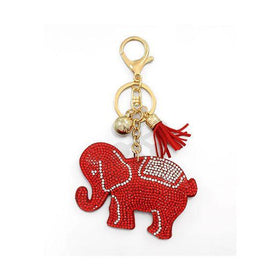 Sparkling Elephant Suede Plush Key Chain with Tassel and Purse Clip (Red)