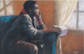 A woman sits pensively by a window, holding a letter in one hand, with soft light illuminating her thoughtful expression.