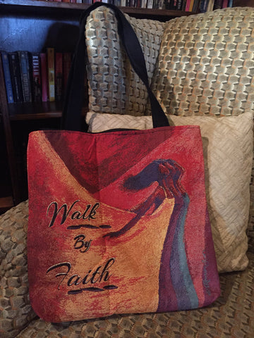 Walk by Faith: African American Woven Tapestry Tote Bag by Kerream Jones