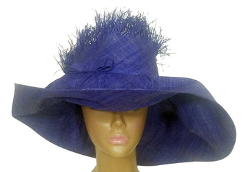 Wairimu: Hand Woven Madagascar Purple/Blue Big Brim Raffia Crown Out Sun Hat