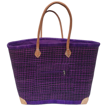 Adjanie: Authentic Madagascar Raffia and Leather Tote Bag (Purple and Black)