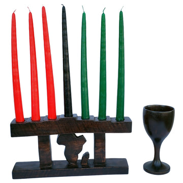 Africa Unity: Authentic Hand Caved Kwanzaa Kinara Wood Celebration Set (Brown)