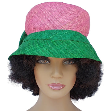 Ivy: Handwoven Pink & Green Madagascar Bell Shaped Raffia Hat with Bow