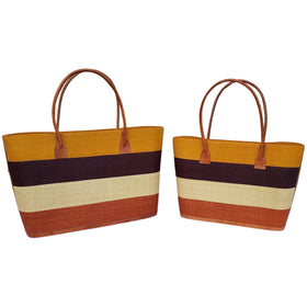 Ange: Hand Woven Raffia and Leather Madagascar Three Stripe Hand Bag (Burnt Orange)