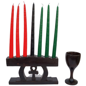 Ankh: Authentic Hand Caved Kwanzaa Kinara Wood Celebration Set (Brown)