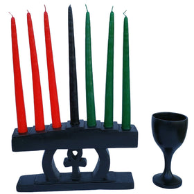 Ankh: Authentic Hand Caved Kwanzaa Kinara Wood Celebration Set (Black)