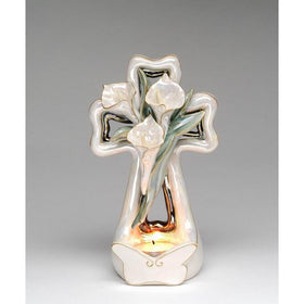 White Calla Lily Cross Tea Light Holder by Cosmos Gifts